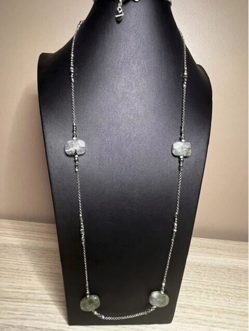 B6663 NAKAMOL Labradorite Hematite Long Station Necklace Silver Tone 40